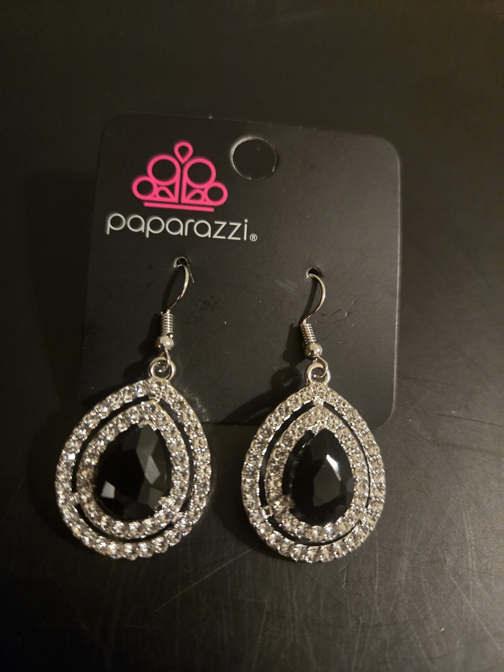 paparazzi Silver and Black Sparkling Teardrop Dangle Earrings